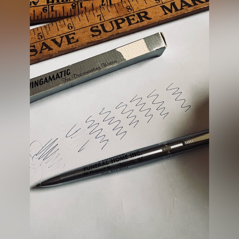 Vintage Plummer FUNERAL HOME Wingamatic Ballpoint Pen w/Box Augusta Maine Silver - Picture 8 of 9